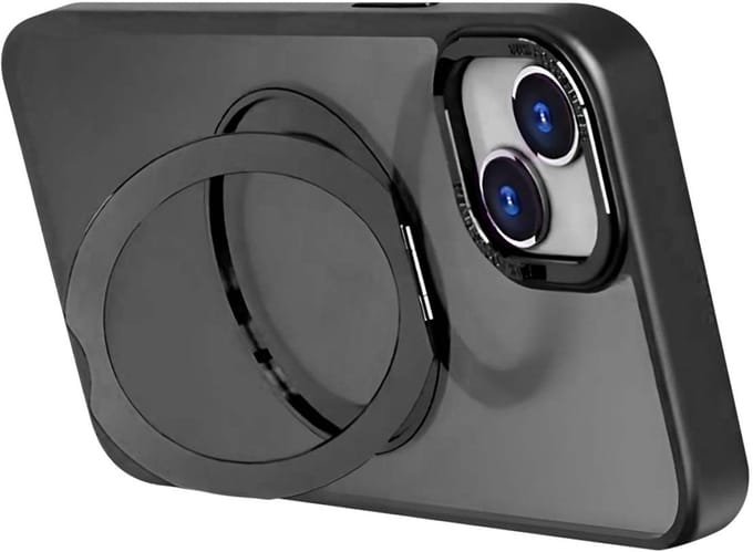 Jaym, Hoesje geschikt voor iPhone 16 Plus - MagSafe met Roterende Ring Standaard, Zwart