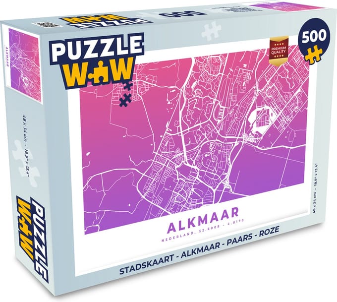 Puzzel Stadskaart - Alkmaar - Paars - Roze - Legpuzzel - Puzzel 500 stukjes - Plattegrond