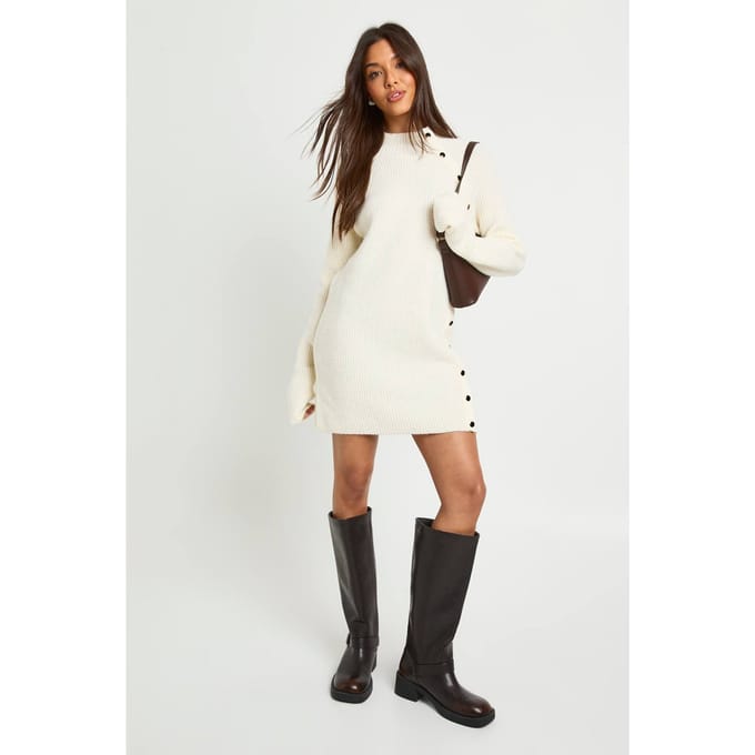 boohoo Dames Knoopdetail gebreide mini-jurk | Creme | Maat: Medium