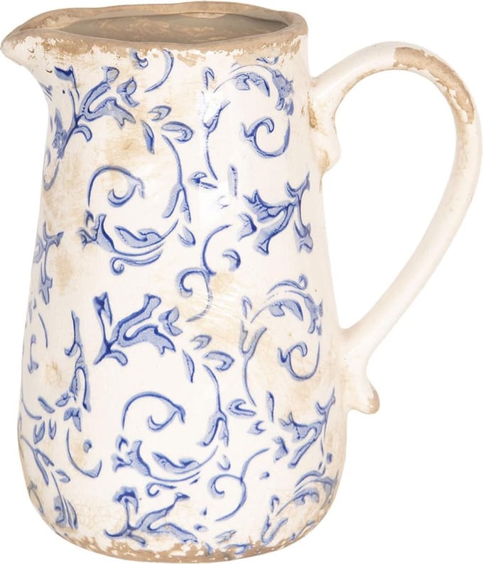 Clayre & Eef Decoratie Kan 1000 ml Wit Blauw Keramiek Bladeren