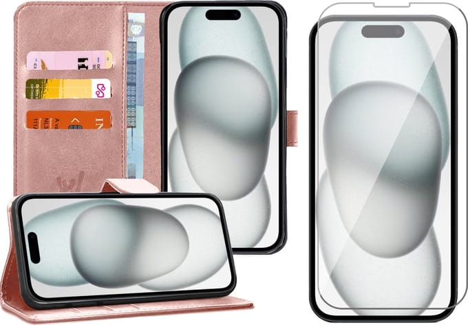 Hoesje geschikt voor iPhone 15 Plus - Screen Protector GlassGuard - Book Case Kunstleer Pasjeshouder Rosegoud & Screenprotector