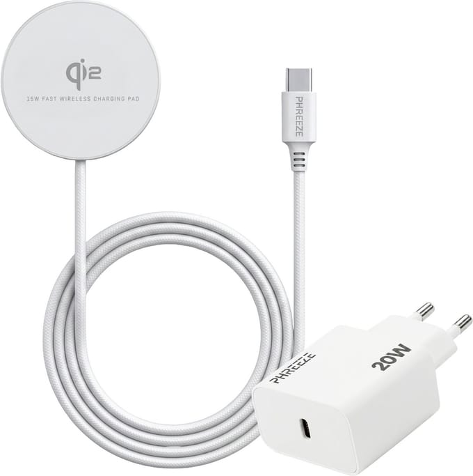 Phreeze Draadloze Oplader geschikt voor iPhone 17/16/15/14 + USB C Adapter 20W - Snellader - Draadloos - Magnetisch - 1 Meter - Wit