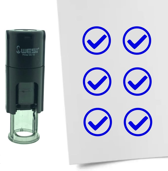 CombiCraft Stempel Checkbox Vinkje / OK 10mm rond - blauwe inkt