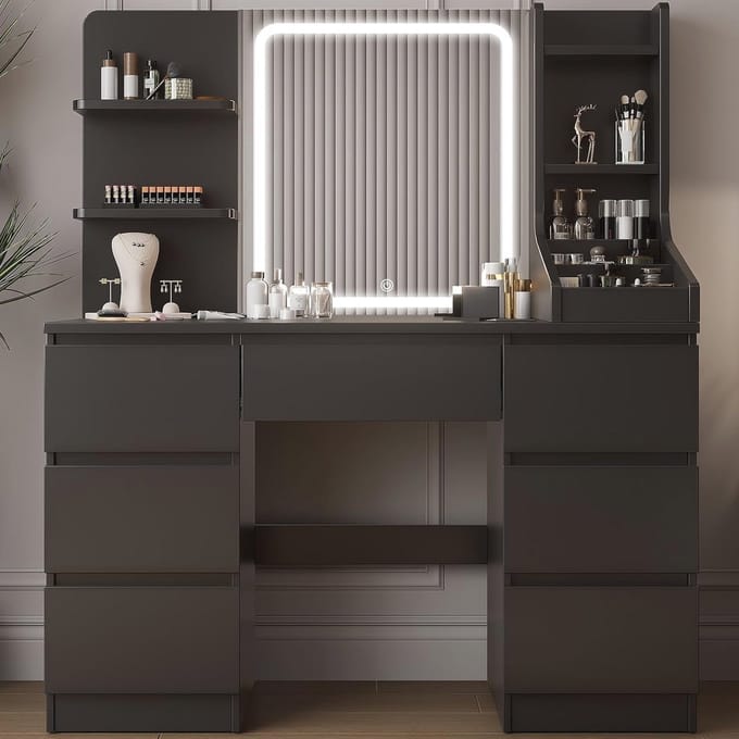 Moderne Kaptafel met LED Spiegel en Verlichting, 4 Planken en 7 Laden