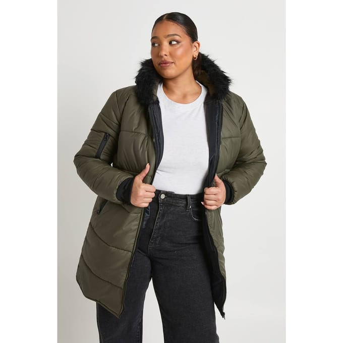 boohoo Dames Plus Faux Fur Trim Parka | Kaki | Maat: 46