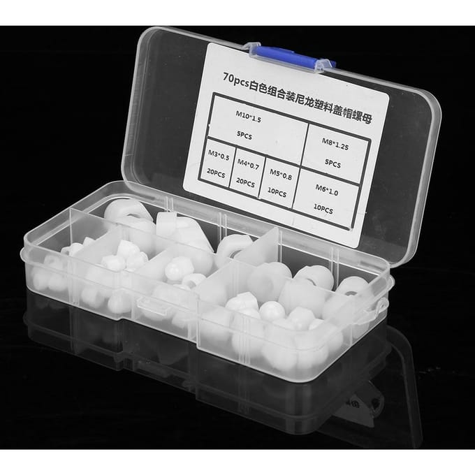 70 stuks M3 M4 M5 M6 M8 M10 Nylon Zeskant Moer Kit Koepelkop Dop Zeskant Moeren wit