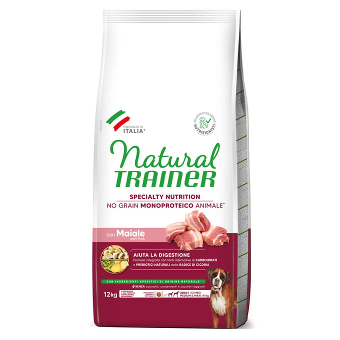 Natural Trainer No Grain Adult Medium & Maxi met varken - Dubbelpak: 2 x 12 kg