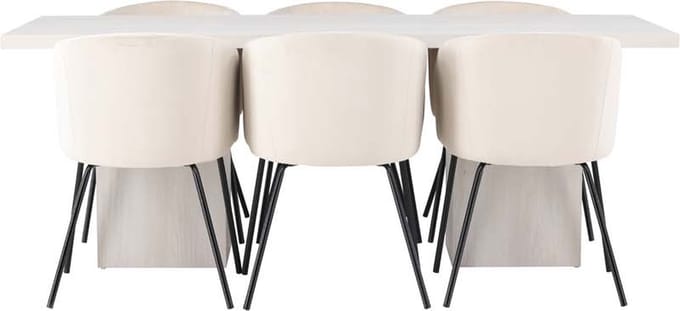 Olga eethoek tafel wit en 6 berit stoelen beige.