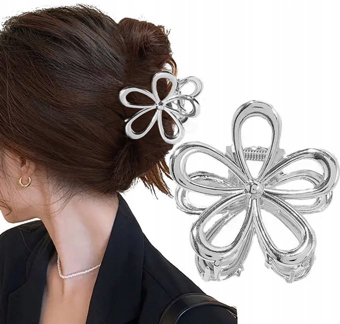 Grote Zilverkleurige Metalen Haarclip Bloemen Stijl Boho