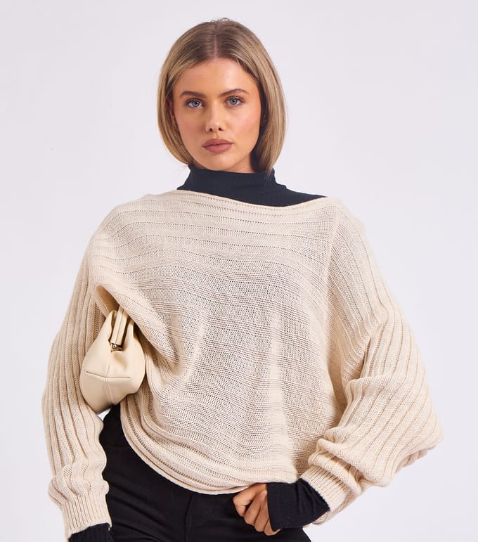 Gestreepte gebreide oversized trui met vleermuismouwen