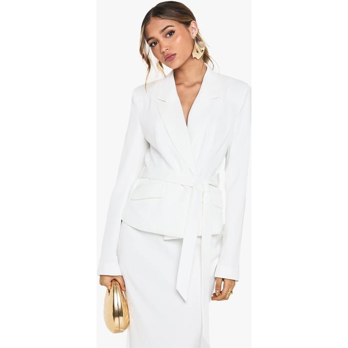 boohoo Dames Occasion Getailleerde Getailleerde Blazer met Riem | Ivoor | Maat: 40
