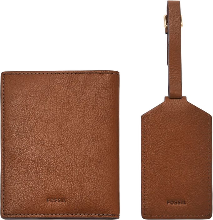 FOSSIL identiteitskaarthoesje reisaccessoires Gift Set Passport Case and Luggage Tag Brown bruine