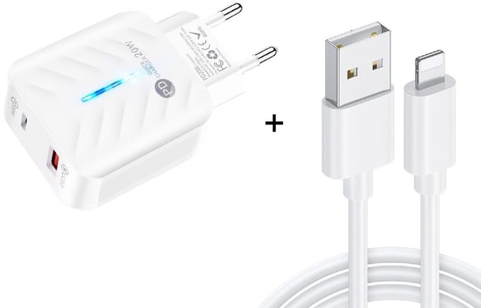 20W Snellader met USB + USB-C - PD3.0 & QC3.0 - Inclusief 1 meter USB naar 8-Pin Laad- en Datakabel Oplader - geschikt voor iPhone en iPad - wit