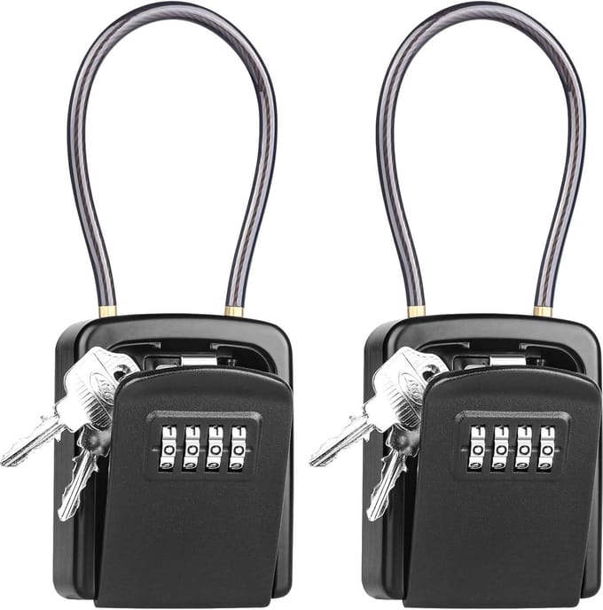 Famanu – Set van 2 sleutelkluizen met afneembare kabel, 4-cijferige code, weerbestendig, voor sleutels en deurkaarten