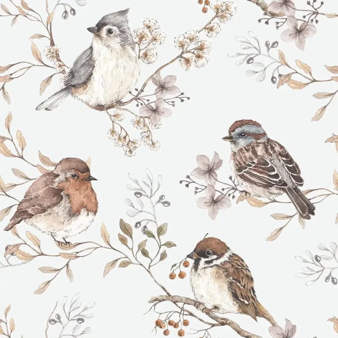 Baby behang Dekornik Birds White-Gray