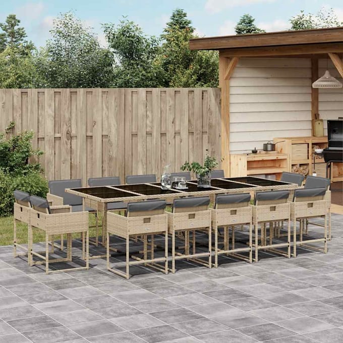 vidaXL - 15-delige - Tuinset - met - kussens - poly - rattan - gemengd - beige