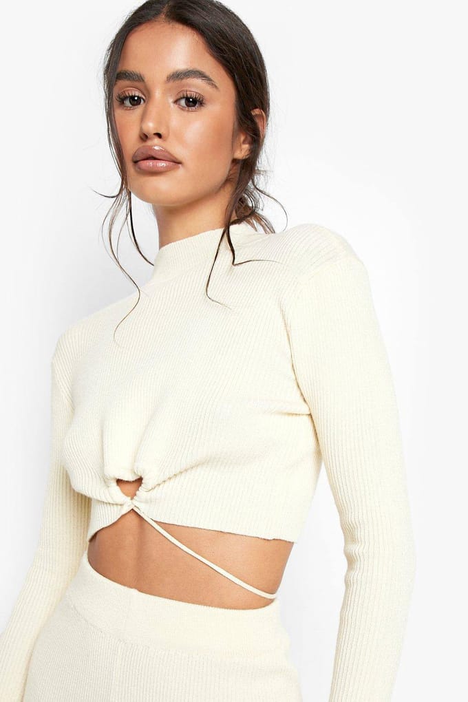 boohoo Dames Rib Wrap Detail Gebreide Set | Ecru | Maat: XL