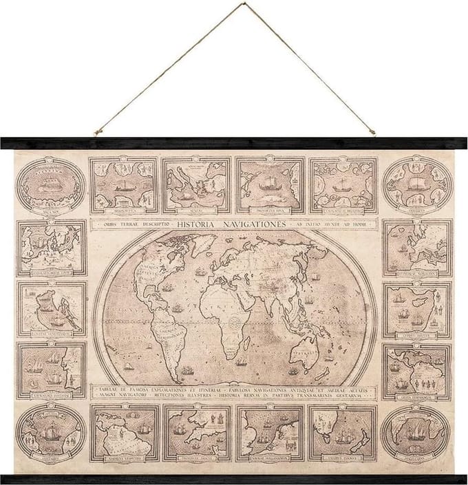 Balvi Wandposter Oude Wereldkaart 74 Cm Hout/canvas Bruin