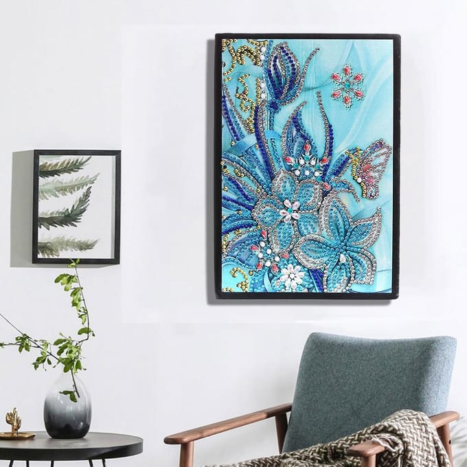 5D Diamond Painting Notebook Borduurdagboek 50 pagina's Vlinder- en bloemenpatroon DIY blue
