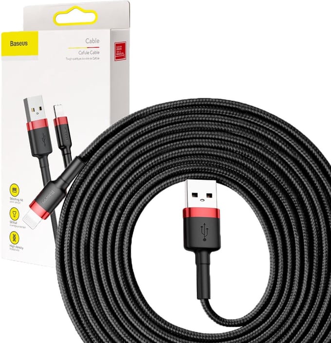 Baseus - Universele USB naar Lightning kabel - Geschikt voor o.a. Apple/iPhone en andere apparaten - 3 Meter - 2.5A - Zwart/Rood