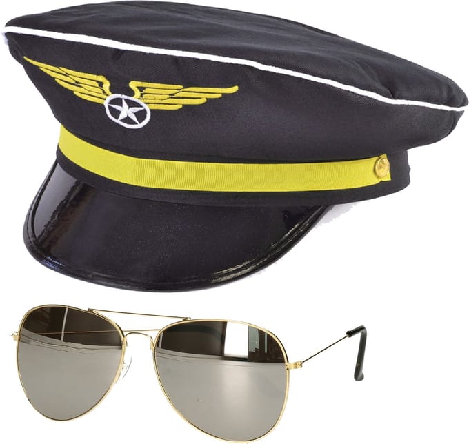 Carnaval verkleed piloten pet/hoed - zwart - voor volwassenen - one size - incl. bril