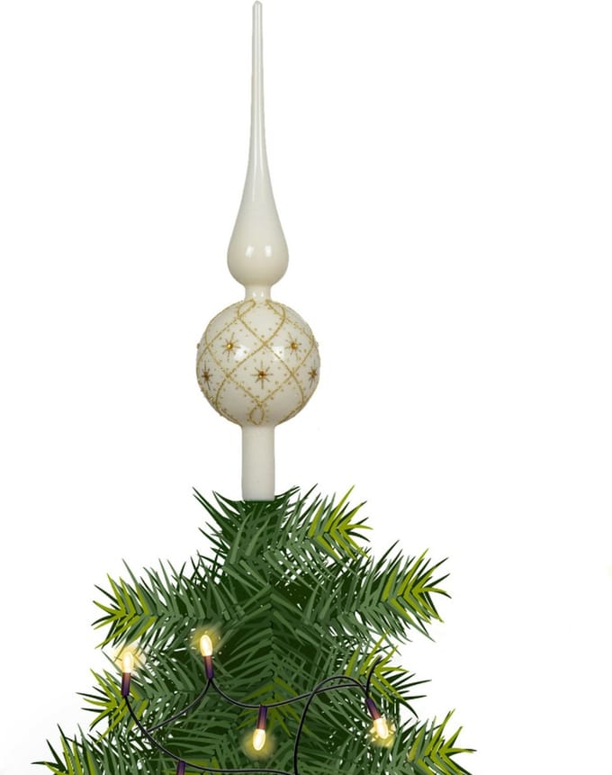 Decoris kerstboom piek gedecoreerd - creme wit/goud - glas - 31 cm - kerstboompiek