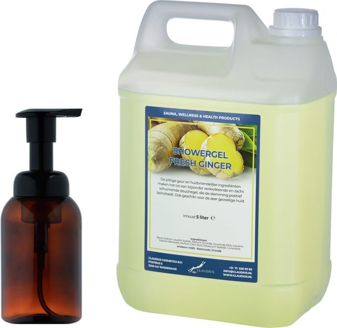 Zeepdispenser 300 ml amber bruin hervulbaar + 5 liter Showergel Fresh Ginger navulling