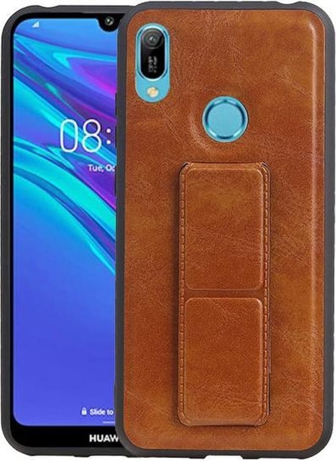 Grip Stand Hardcase Backcover voor Huawei Y6 2019 Bruin