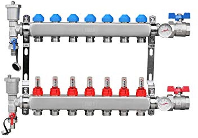 Vloerverwarming verwarming distributeur roestvrij staal met doorstroomindicator en ontluchter voor 7 circuits