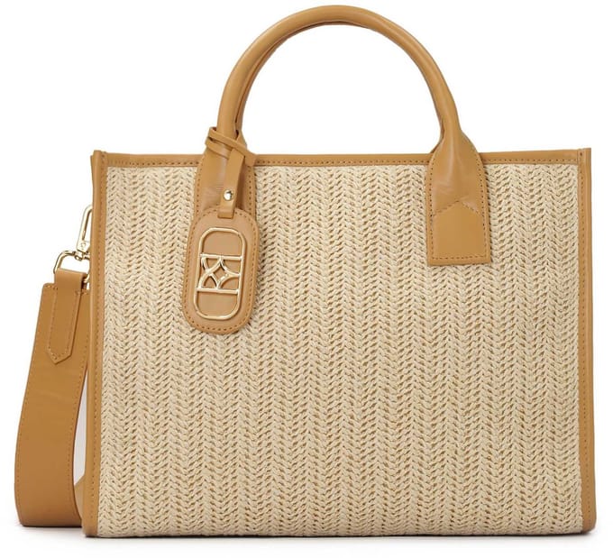 Braided beige handbag with leather elements