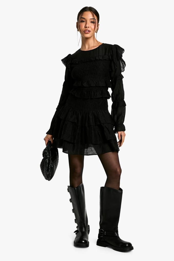 boohoo Dames Sheered Long Sleeve Ruffle Mini Dress | Black | Maat: 14