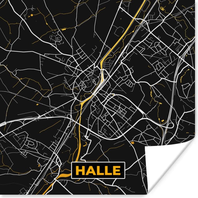 Poster Plattegrond - Stadskaart - Kaart - Halle - Goud - 75x75 cm