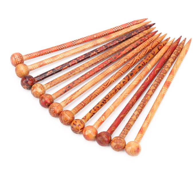 12 Stuks Haarstok DIY Retro Bedrukt Houten Folkstijl Elegant Temperamentvol Dames Decoraties brown