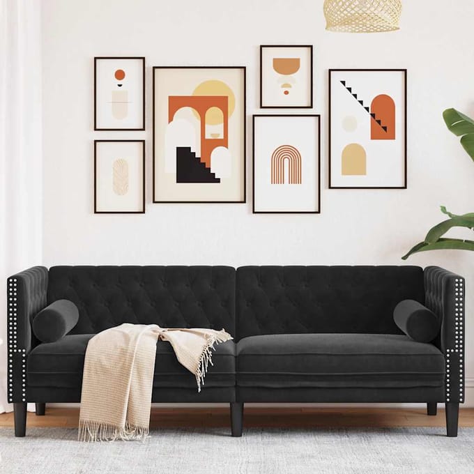vidaXL - Driezitsbank - Chesterfield-stijl - met - bolsters - fluweel - zwart