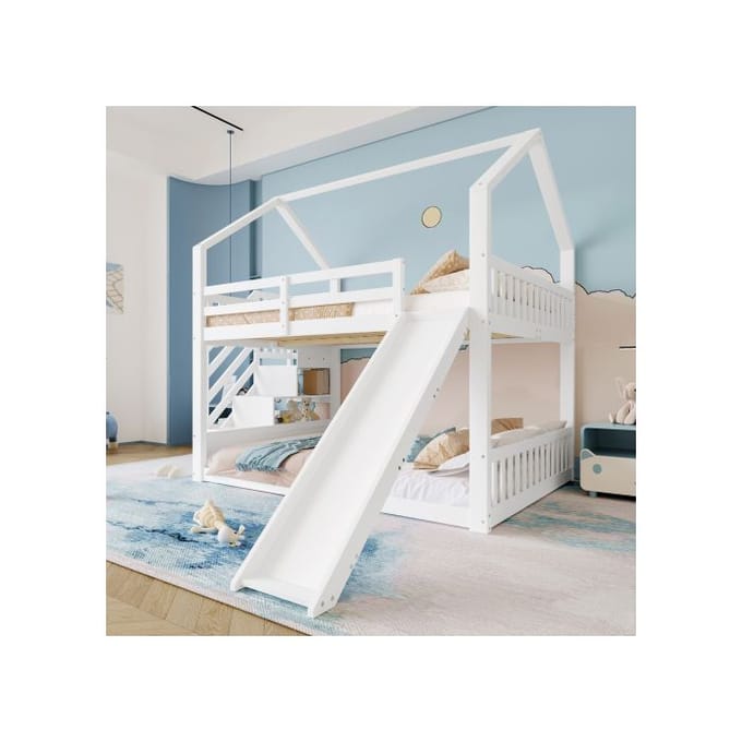 Stapelbed - MUVOE - Stapelbed met opbergladder en glijbaan - 140x200 cm - Grenen en MDF - Wit wit