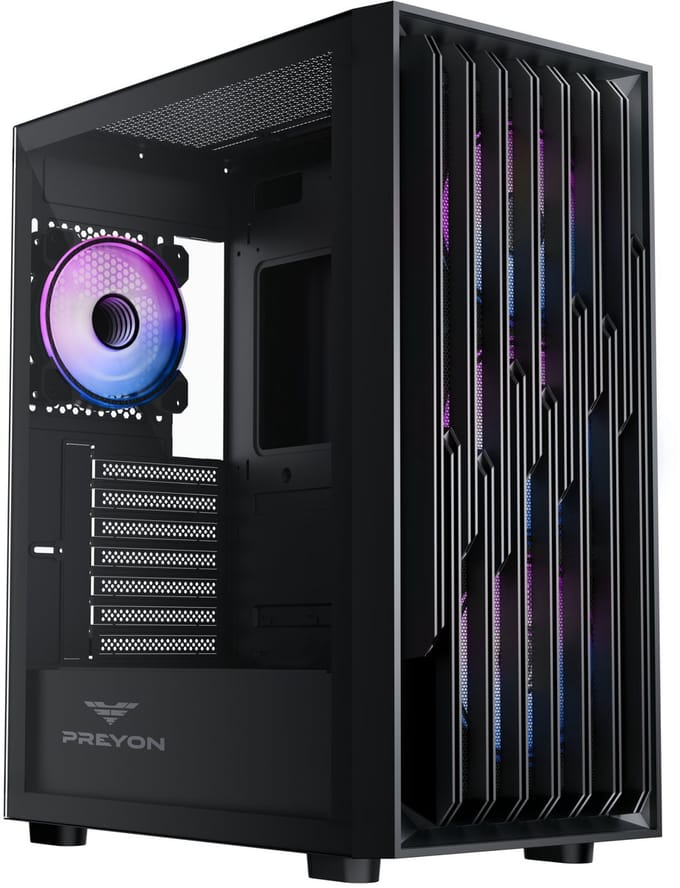 PREYON Nest Quarry ARGB - Gaming Behuizing Silent - USB-C - 4 PWM Fans - Gehard Glas - E-ATX Case - Zwart