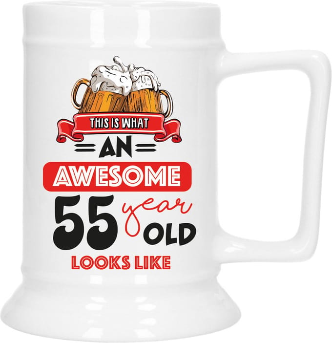 Bellatio Decoration Cadeau Bierpul voor 55 jaar - rood - grappige leeftijd bierpul - 530 ml