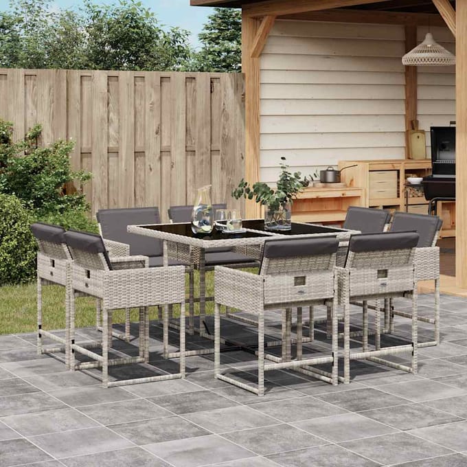 vidaXL - 9-delige - Tuinset - met - kussens - poly - rattan - lichtgrijs