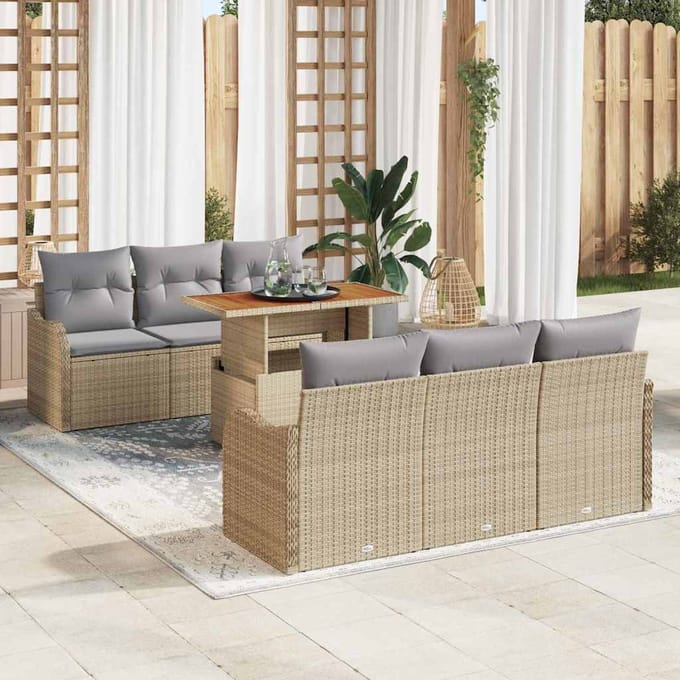 vidaXL - Tuinbank - Set - 7 - st - Beige - en - Lichtgrijs - poly - rattan