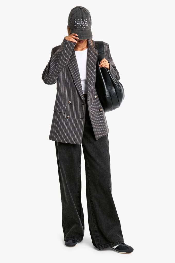 boohoo Dames Pinstripe Oversized Dubbelgeknoopte Blazer | Charcoal | Maat: 8