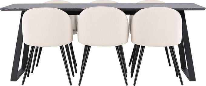 Malaga eethoek eetkamertafel 90x200cm donkergrijs en 6 Skagen stoel fluweel beige.