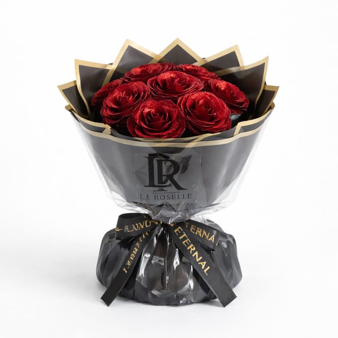 La Roselle Amsterdam Luxe Rode Kunstrozen met Glitter – Chique Rozenboeket in Zwart-Gouden Geschenkverpakking – Luxe Kerstcadeau