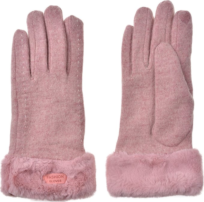 Clayre & Eef Handschoenen met imitatiebont 9x23 cm Roze Polyester