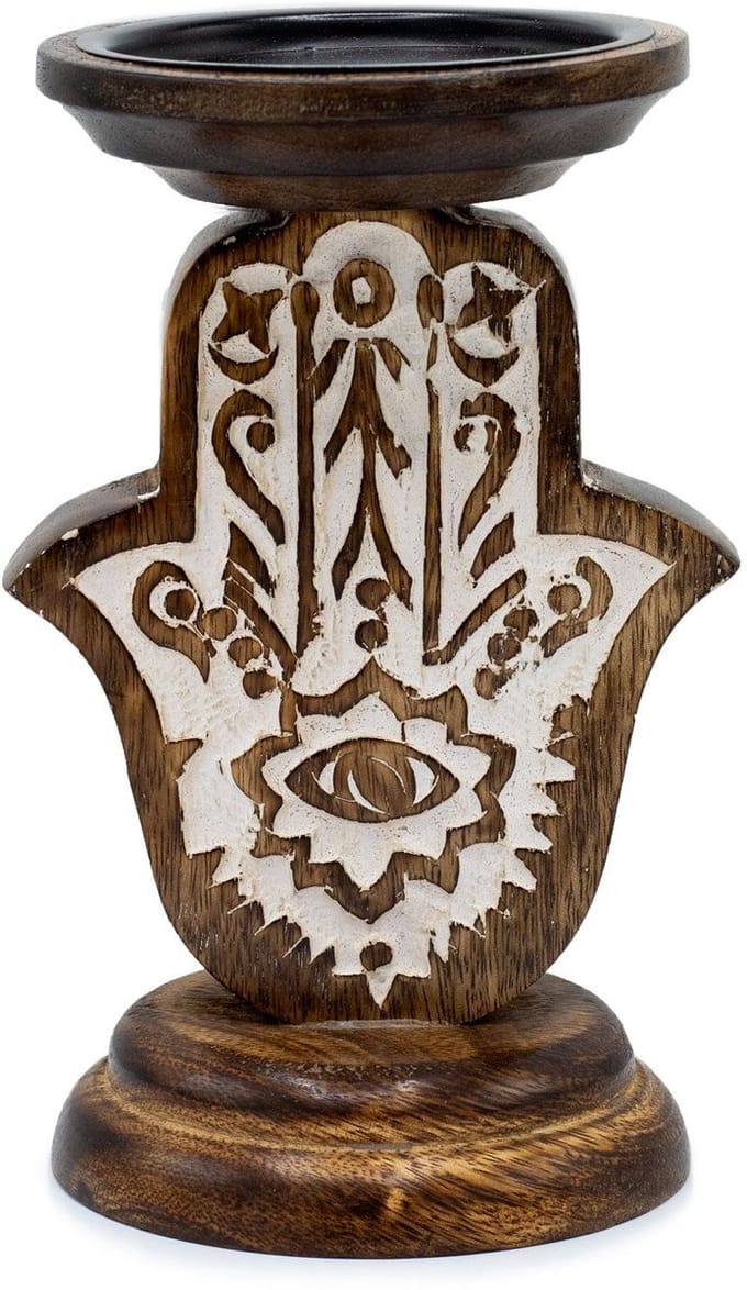 Mangohouten kaarsenstandaard - Hamsa - Klein 18x11cm