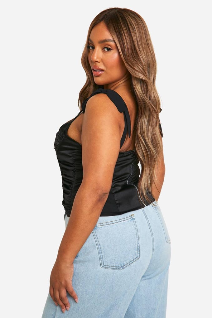 boohoo Dames Plus Tie Shoulder Geruikte Buste Korset Top | Zwart | Maat: 56