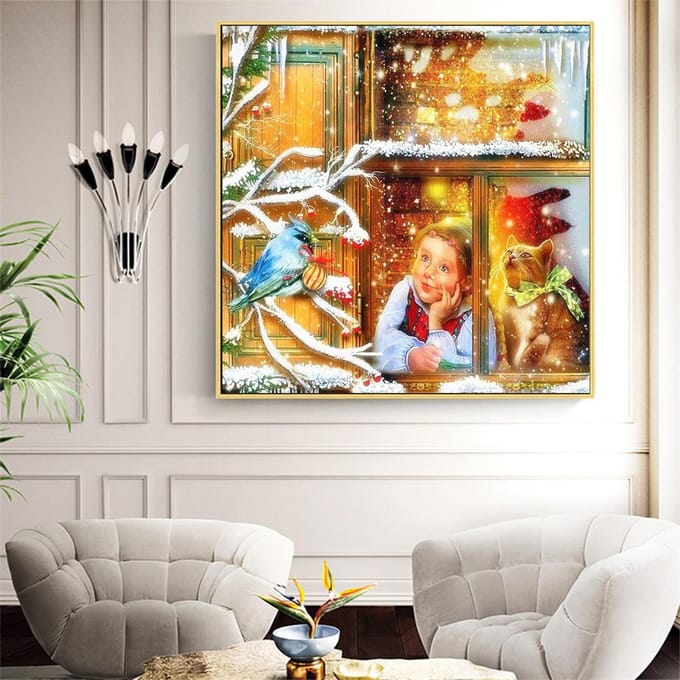 Peinture diamant fille, broderie complète, ensemble complet de strass, image, décor d'hiver et de noël 30x30CM orange