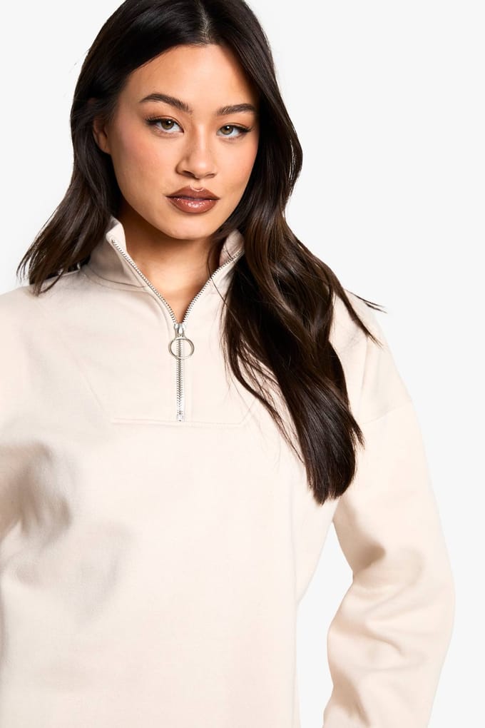 boohoo Dames Tall O Ring Detail Half Zip Sweatshirt | Beige | Maat: XL