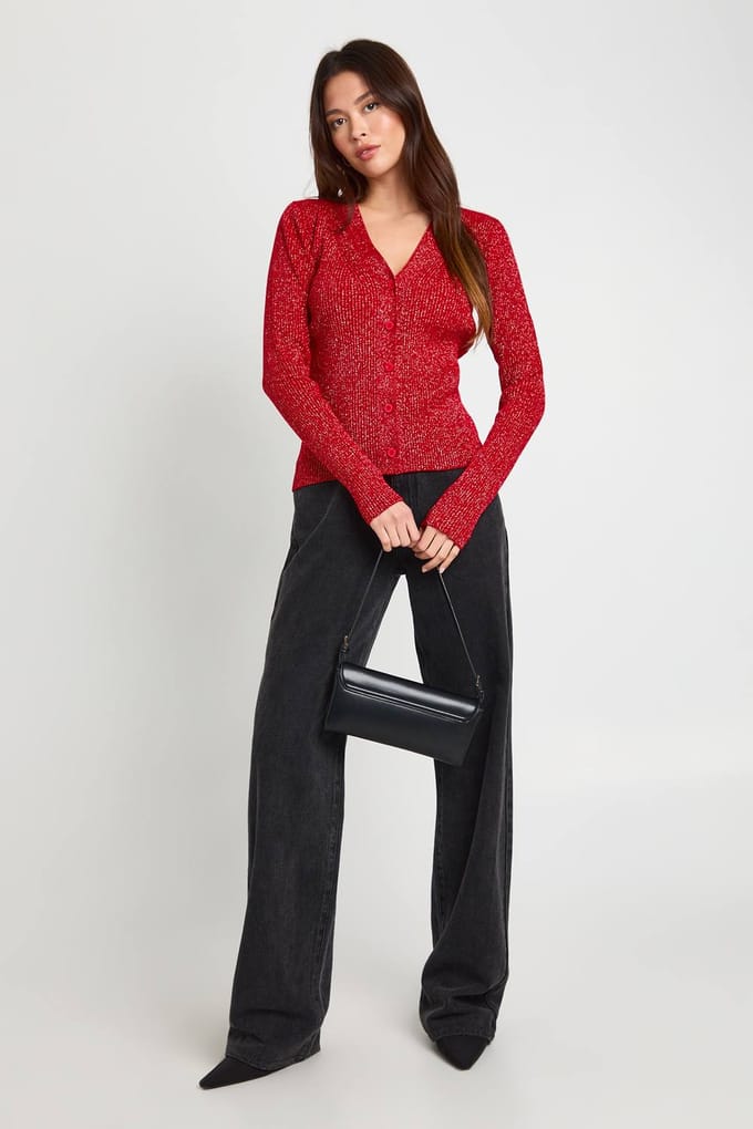boohoo Dames Glinsterende gebreide cropped cardigan | Red | Maat: Medium