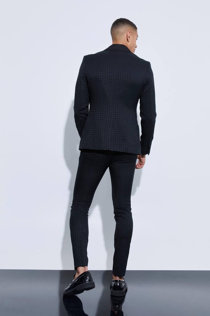 Tonal Houndstooth Single Breasted Jacket | Black | Size 50