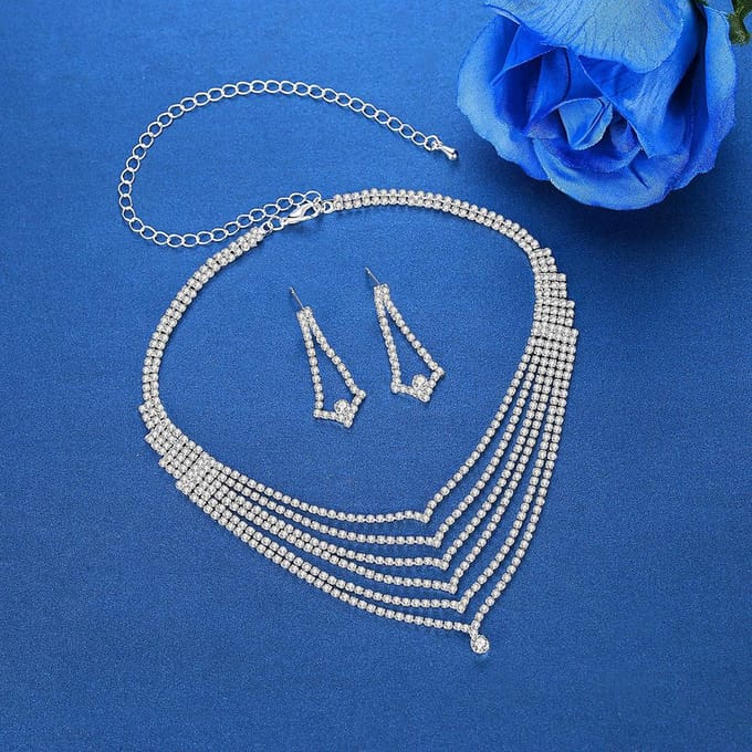 Mode Persoonlijkheid, Bruidsaccessoires Elegante Glanzende Strass Oorbellen Oorbellen Ketting Set zilver